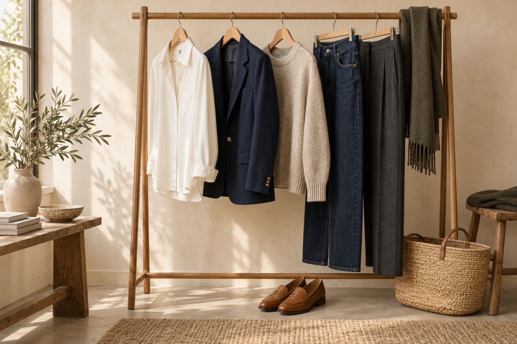 Cream shirt, navy blazer, oatmeal knit, jeans and charcoal trousers on a wooden clothing rack.