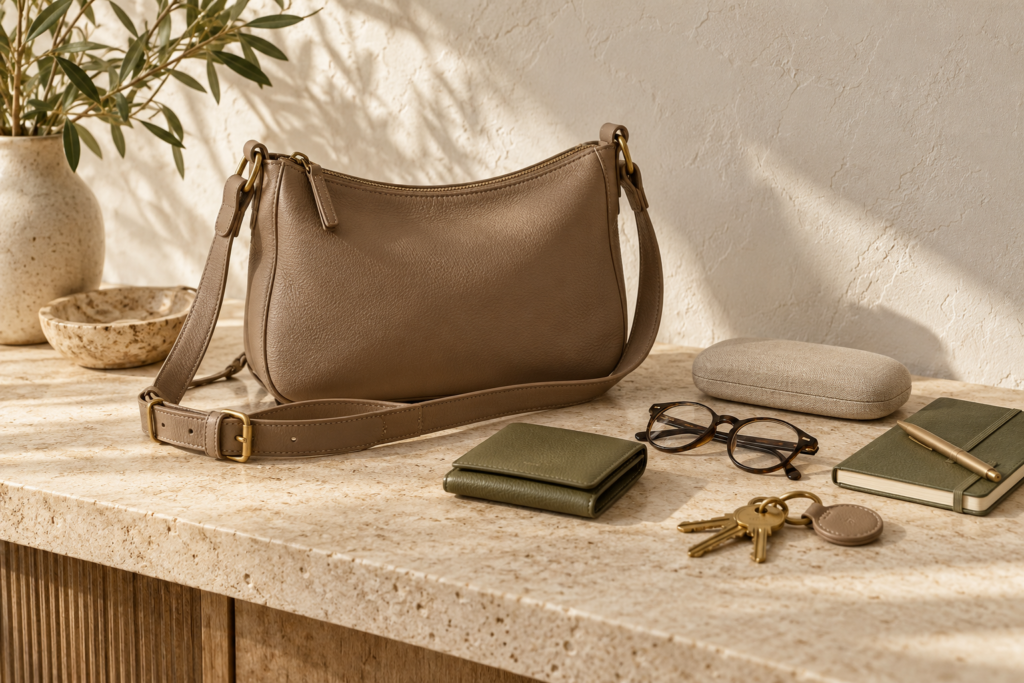 Taupe crossbody bag beside a wallet, glasses, keys and a notebook on a stone console.